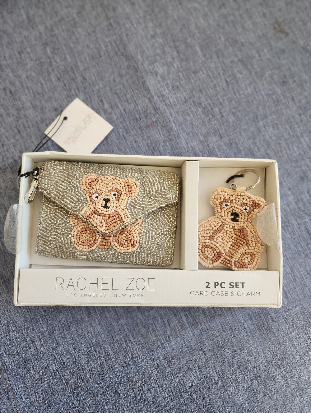 Rachel Zoe 2 Pieces Set Beige Teddy Bear Beaded Card Case & Charm NWT